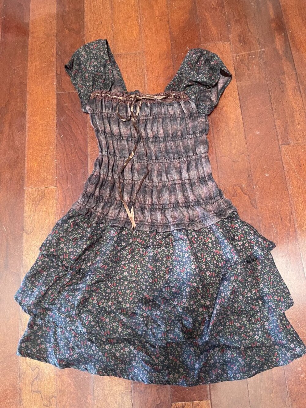 Smocked Floral Mini Dress Small Cottagecore Coquette Puff Sleeve - Picture 4 of 8